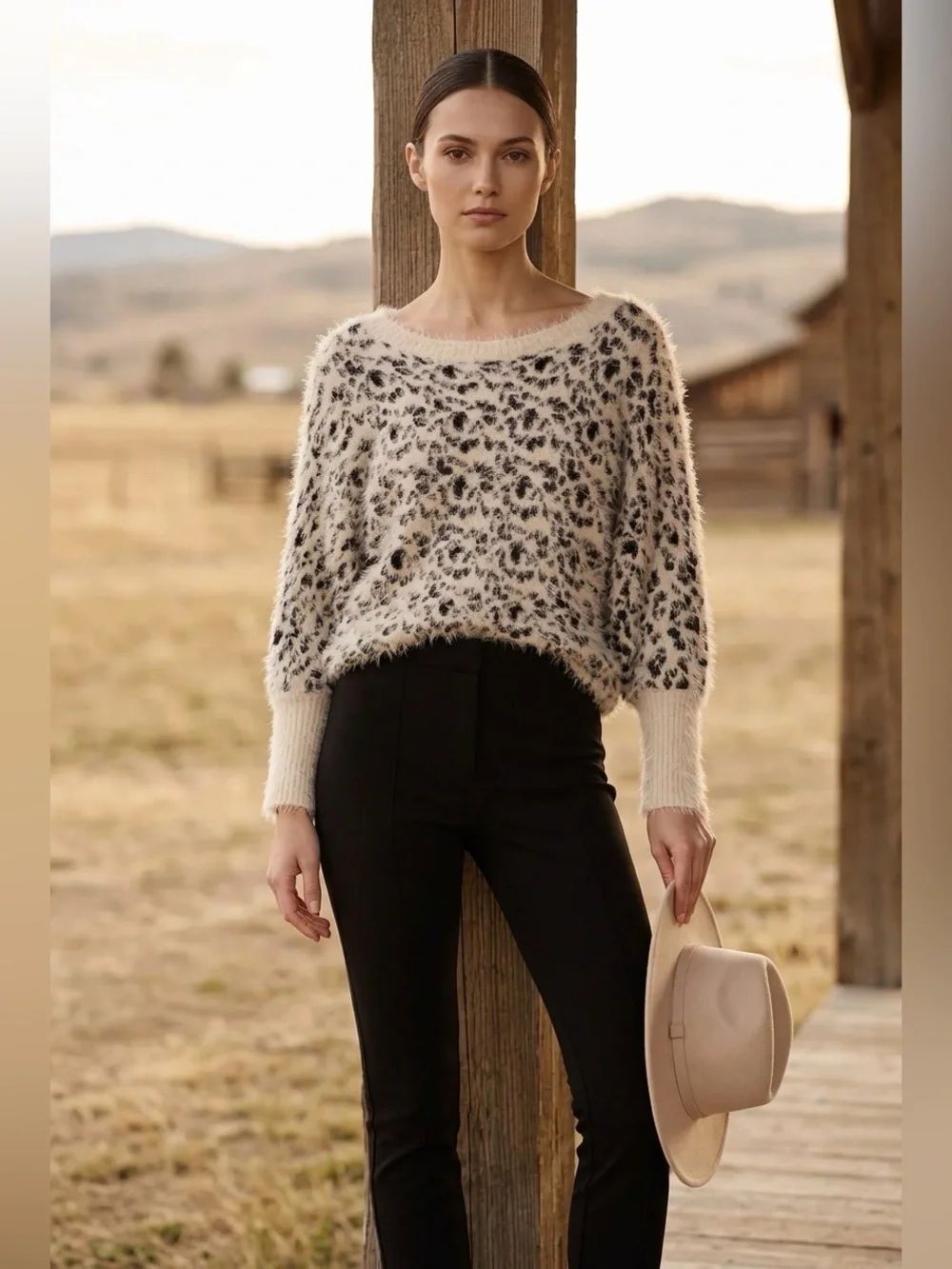 XOXO Cream and Black Fuzzy Leopard-Print Crewneck Sweater